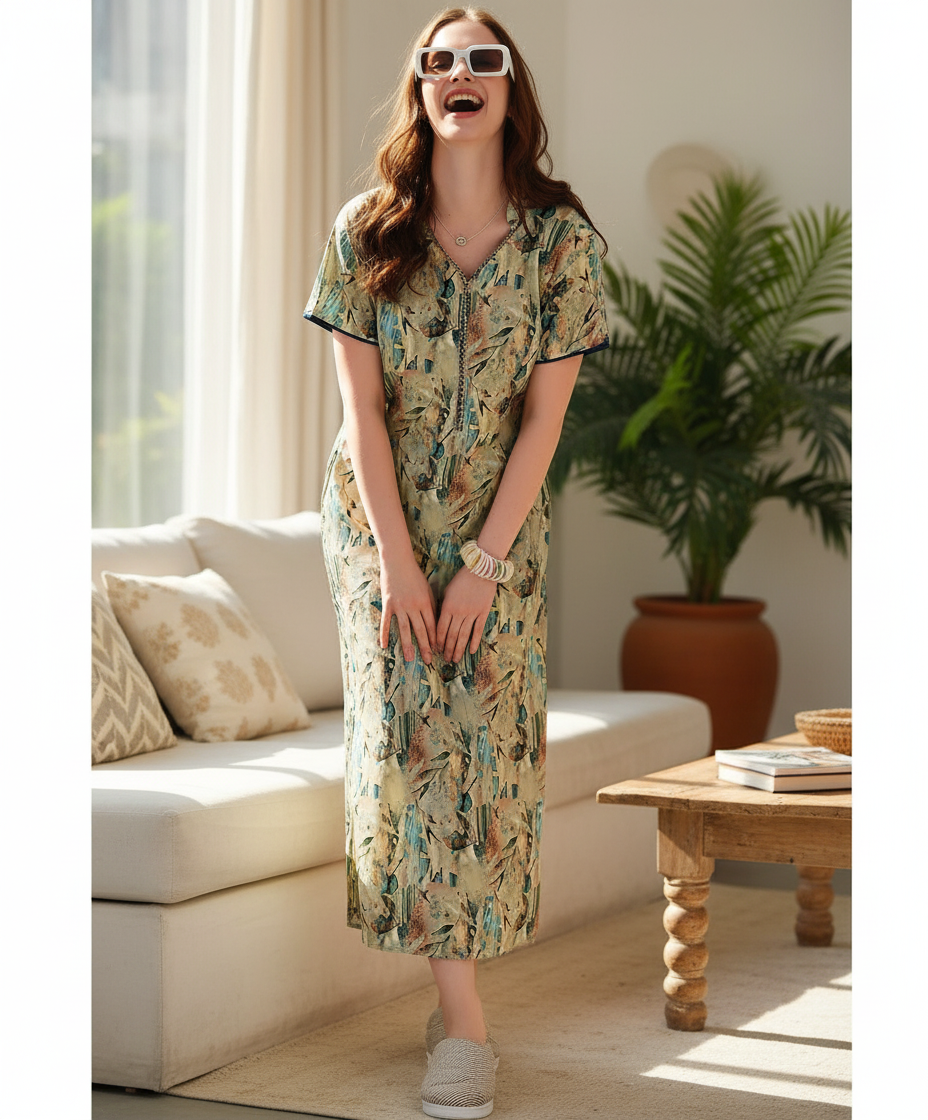 Sage Green With Blue And Tan Floral Print Rayon Print Nighty For Women