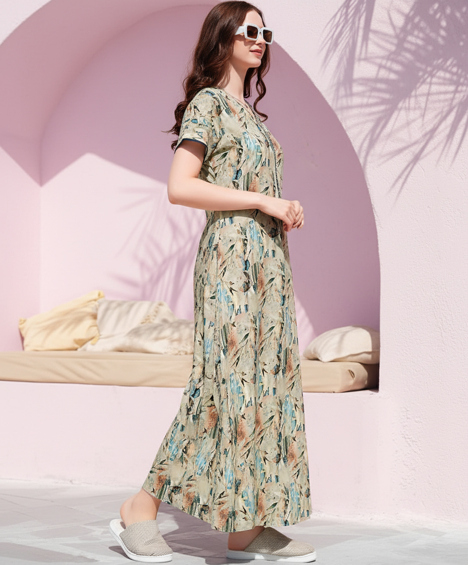 Sage Green With Blue And Tan Floral Print Rayon Print Nighty For Women