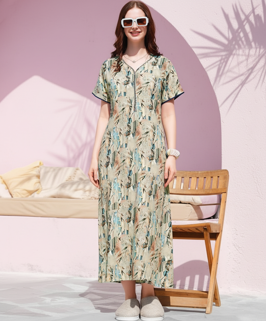 Sage Green With Blue And Tan Floral Print Rayon Print Nighty For Women