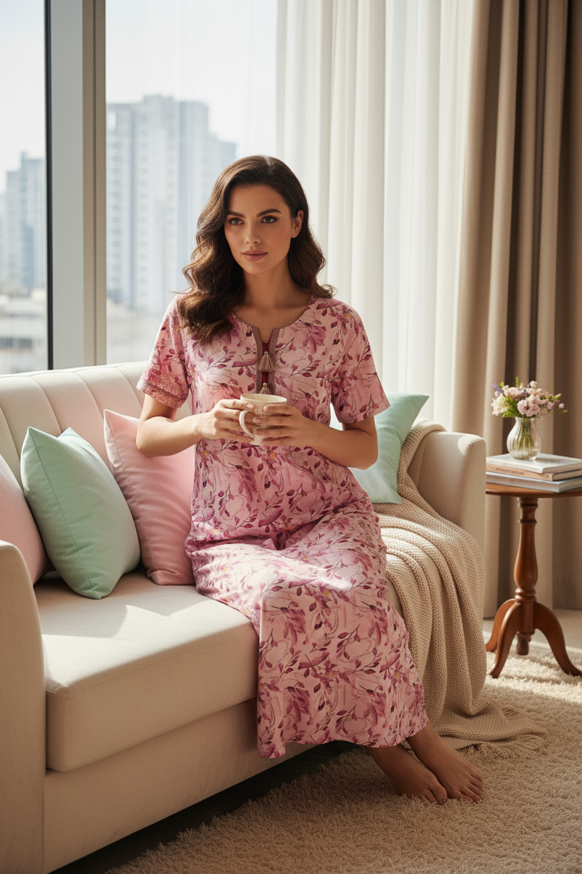 Floral Dreams Rayon Nighty - Pink Rayon Print Nighty For Women