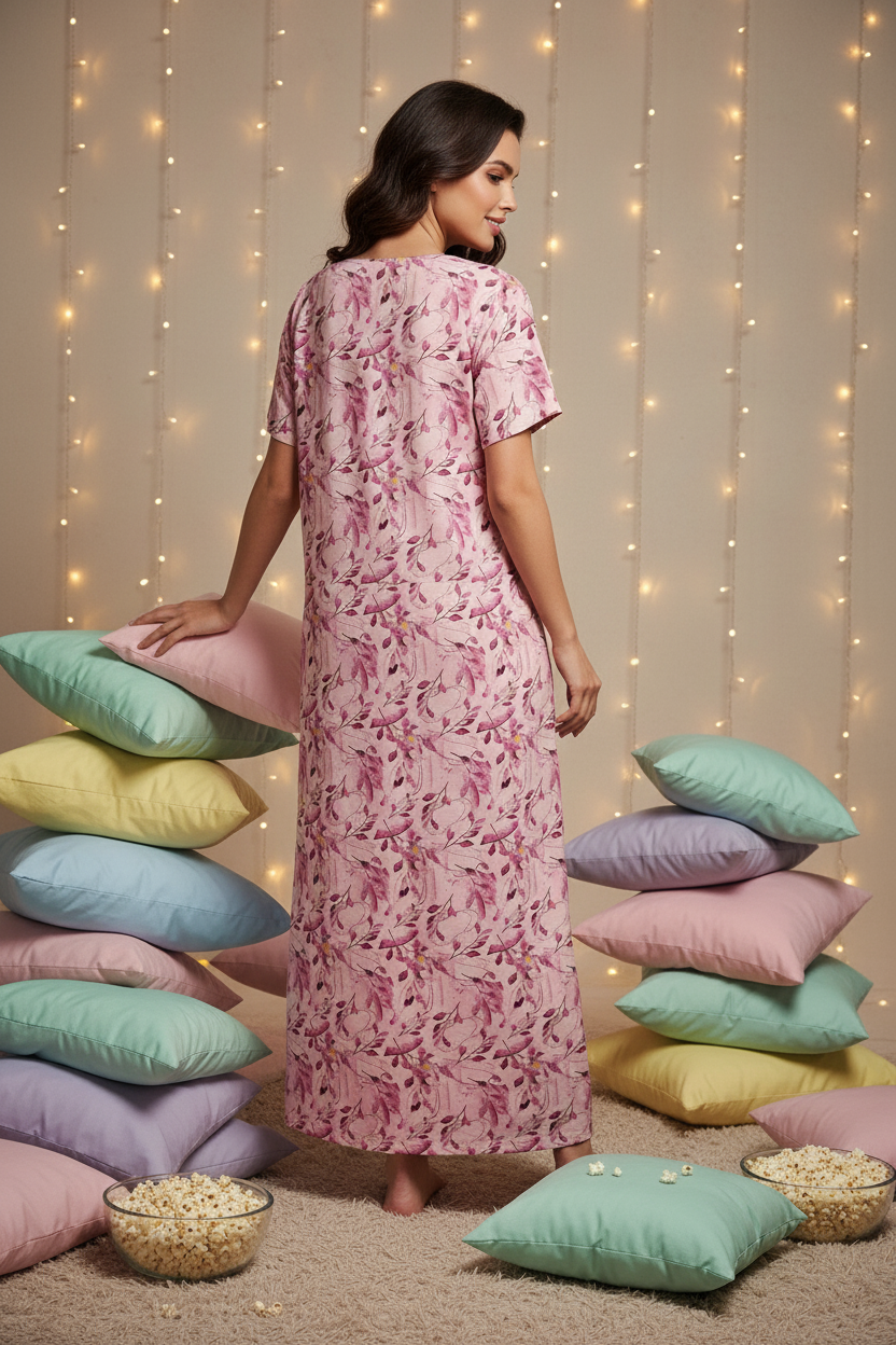 Floral Dreams Rayon Nighty - Pink Rayon Print Nighty For Women