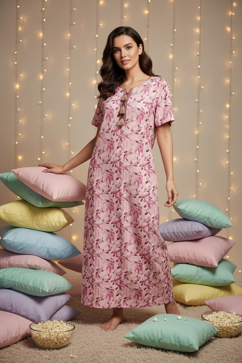 Floral Dreams Rayon Nighty - Pink Rayon Print Nighty For Women
