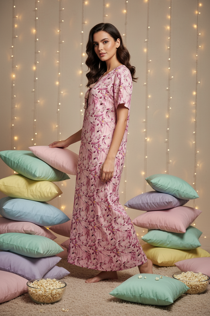 Floral Dreams Rayon Nighty - Pink Rayon Print Nighty For Women