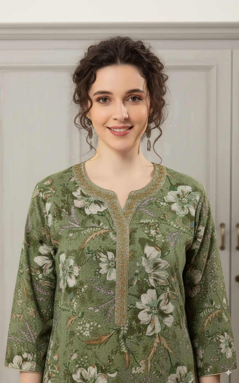 Alpine Green With White And Subtle Purple Floral Print. Alpine Print Nighty For Women
