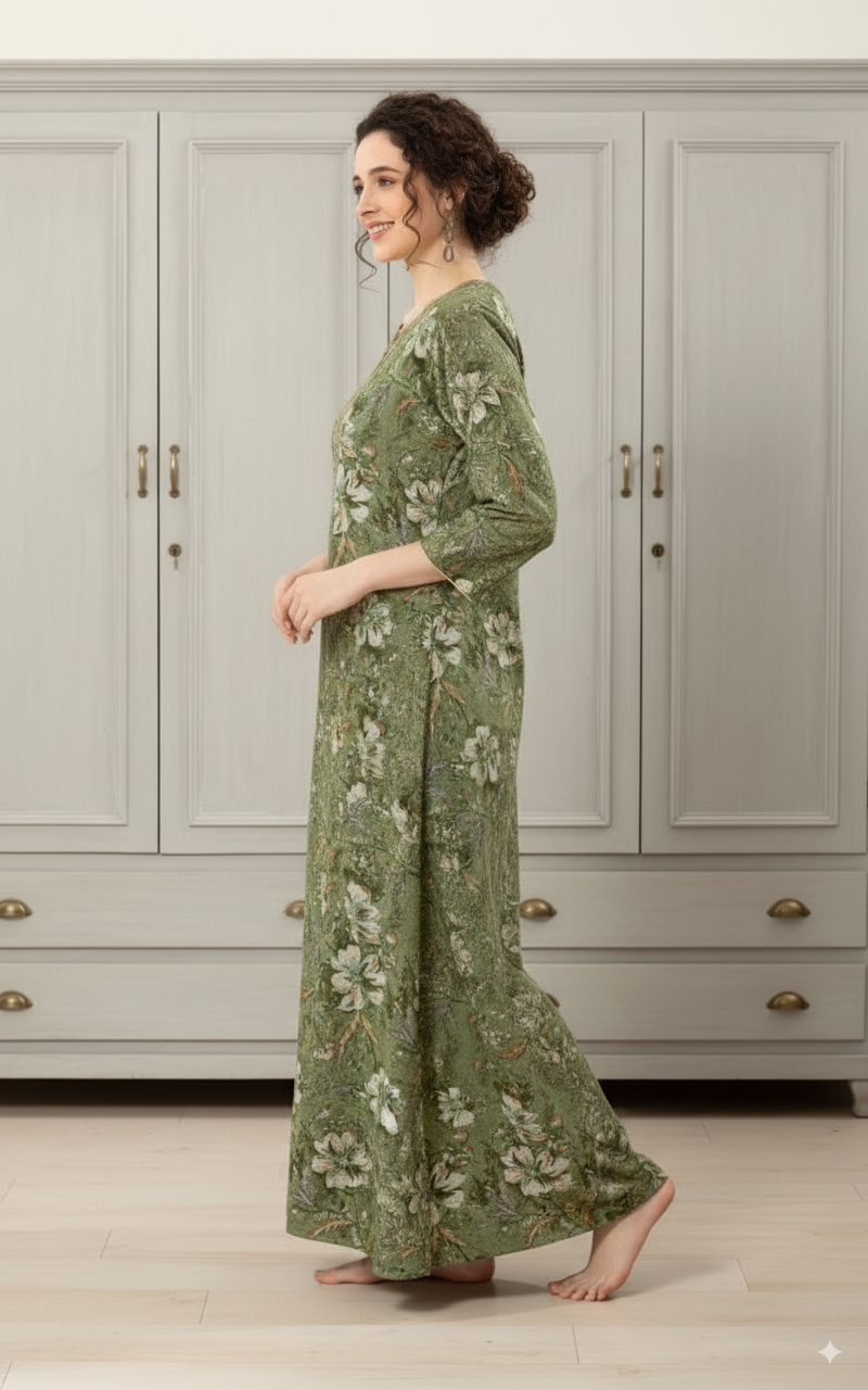 Alpine Green With White And Subtle Purple Floral Print. Alpine Print Nighty For Women