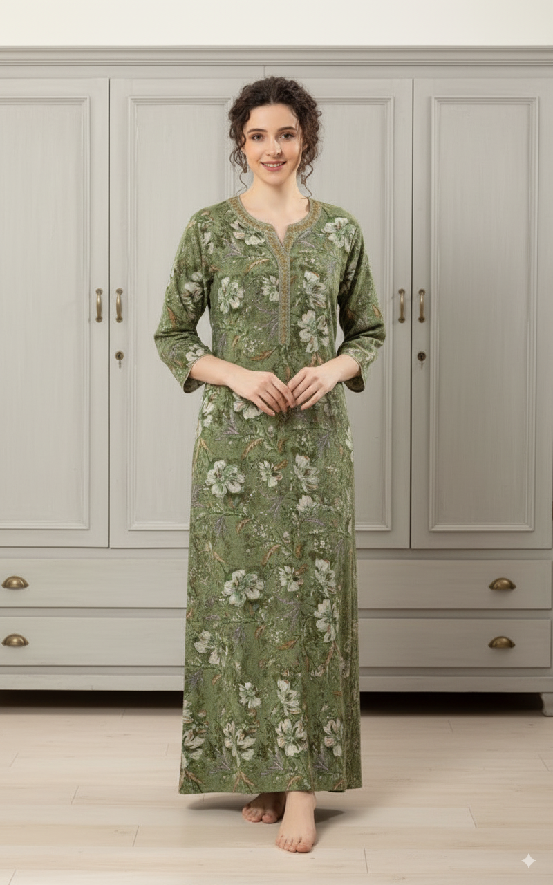 Alpine Green With White And Subtle Purple Floral Print. Alpine Print Nighty For Women