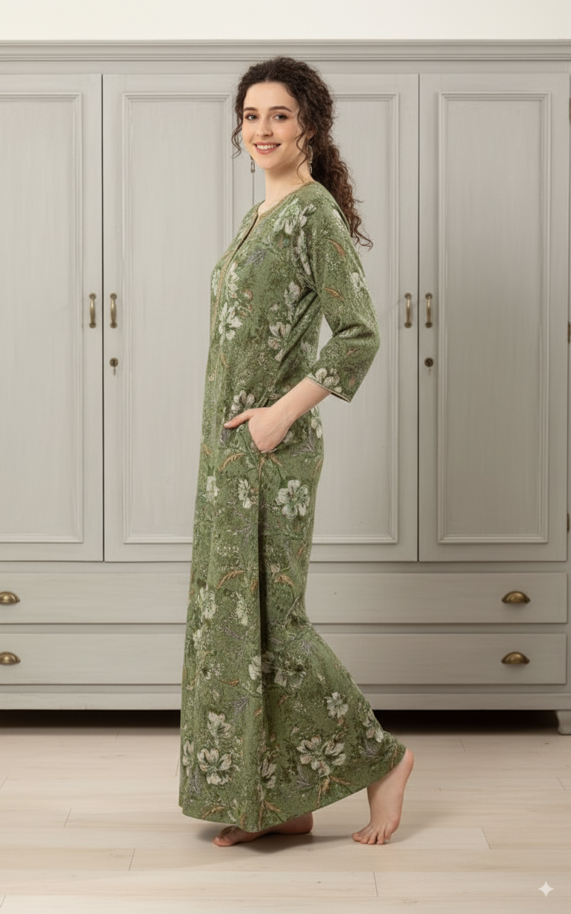 Alpine Green With White And Subtle Purple Floral Print. Alpine Print Nighty For Women