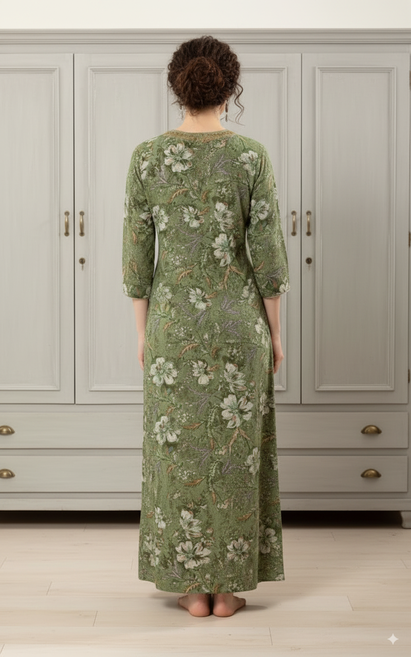 Alpine Green With White And Subtle Purple Floral Print. Alpine Print Nighty For Women