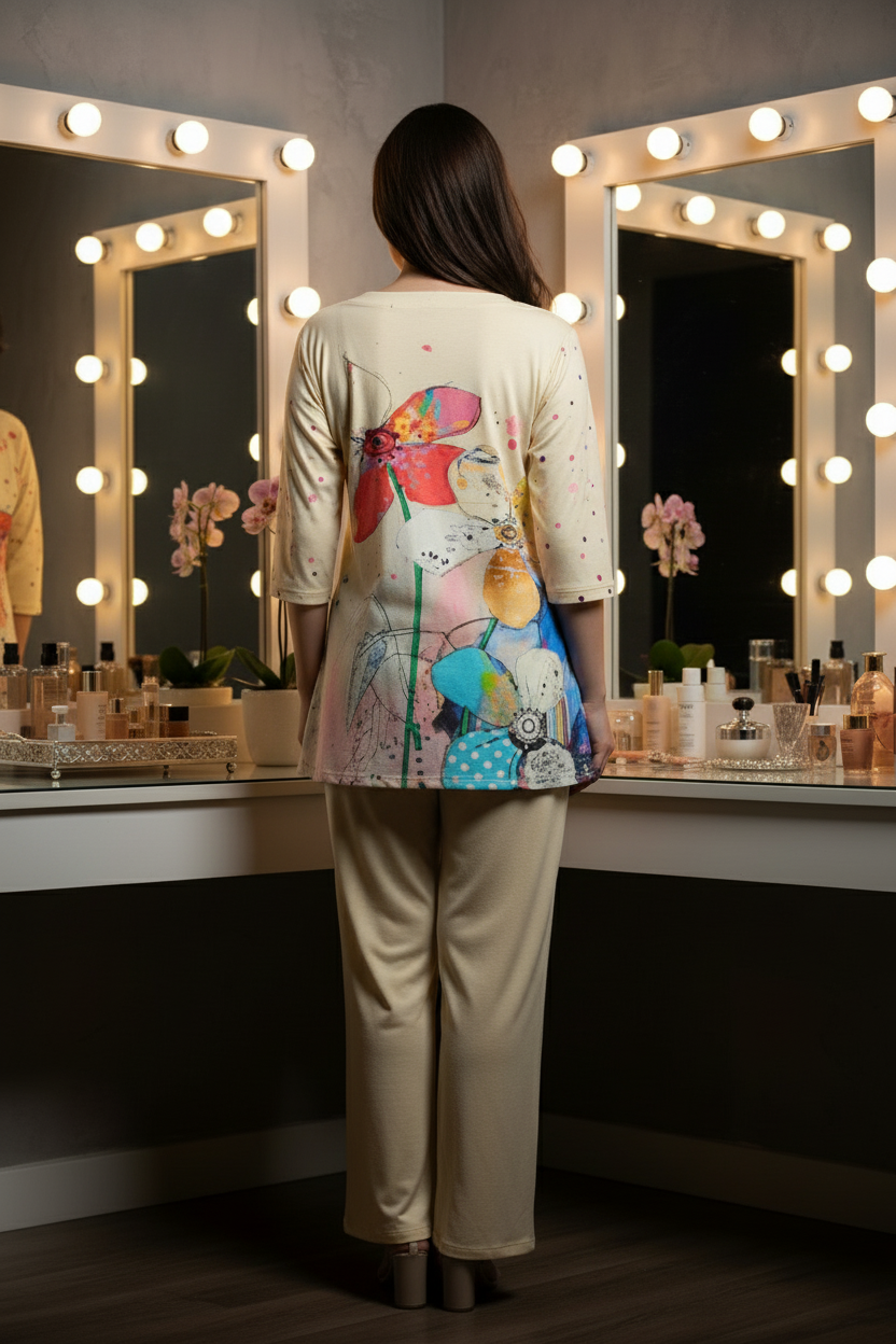 Beige With Multicolor Floral Print Rayon Co-ord Set For Women