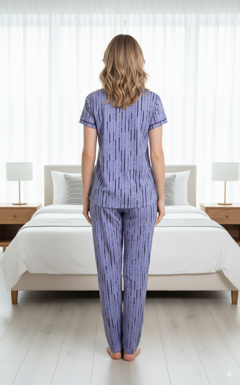 Serene Lavender With Black Vertical Stripes Hosiery Night Suit For Women