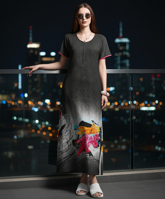 Dark Grey Melange Rayon Print Nighty For Women