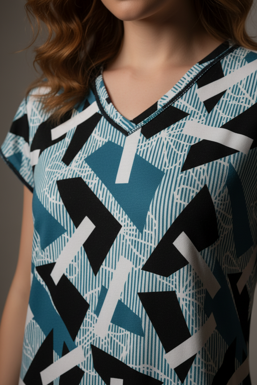 Deep Teal, Midnight Black, And Crisp White Hosiery Print Nighty For Women