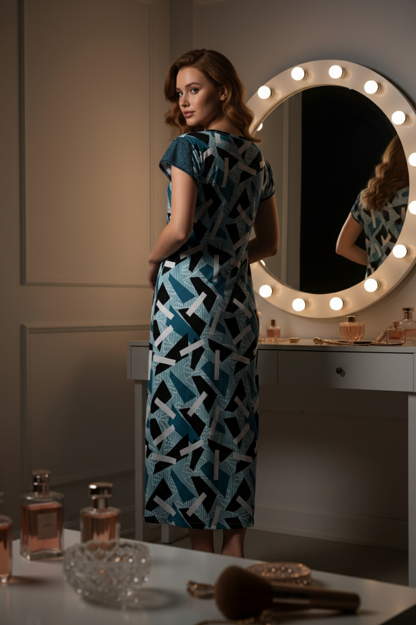 Deep Teal, Midnight Black, And Crisp White Hosiery Print Nighty For Women