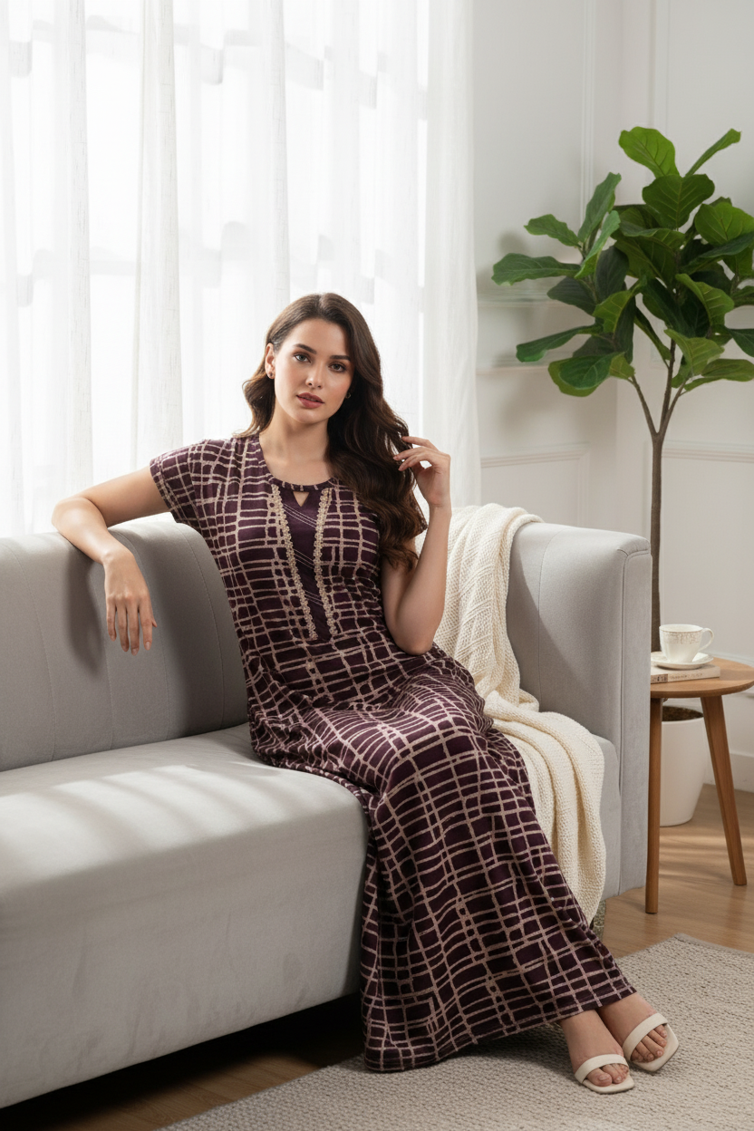 Deep Plum With Beige Geometric Print Hosiery Print Nighty For Women