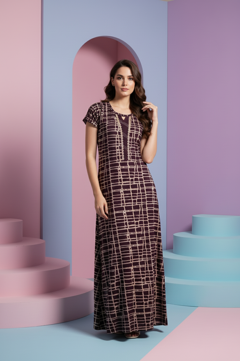 Deep Plum With Beige Geometric Print Hosiery Print Nighty For Women