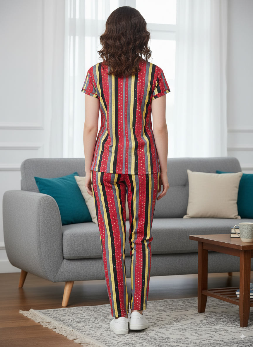 Red & Yellow Melange Hosiery Night Suit For Women