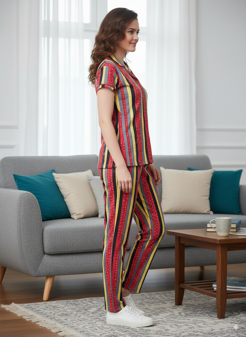 Red & Yellow Melange Hosiery Night Suit For Women