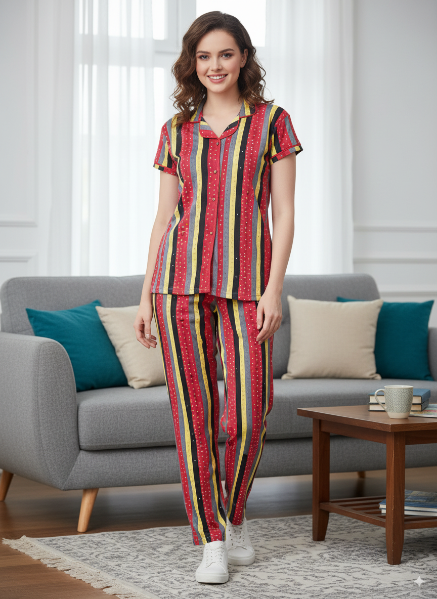 Red & Yellow Melange Hosiery Night Suit For Women