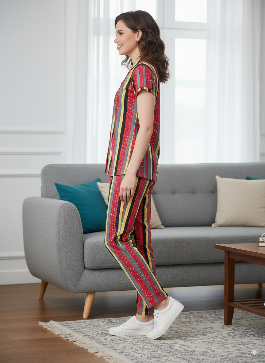 Red & Yellow Melange Hosiery Night Suit For Women