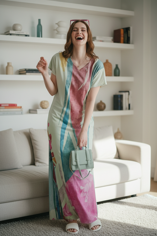 Multicolor (Featuring Shades Of Soft Sage Green, Blush Pink, Sky Blue, And Warm Coral) Rayon Print Nighty For Women
