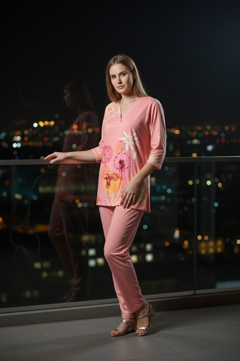 Peach With Multi-Coloured Floral Print Accents. Rayon Co-ord Set For Women