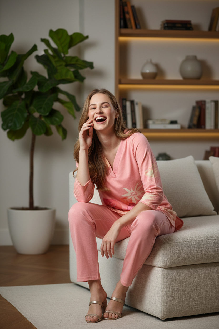 Peach With Multi-Coloured Floral Print Accents. Rayon Co-ord Set For Women