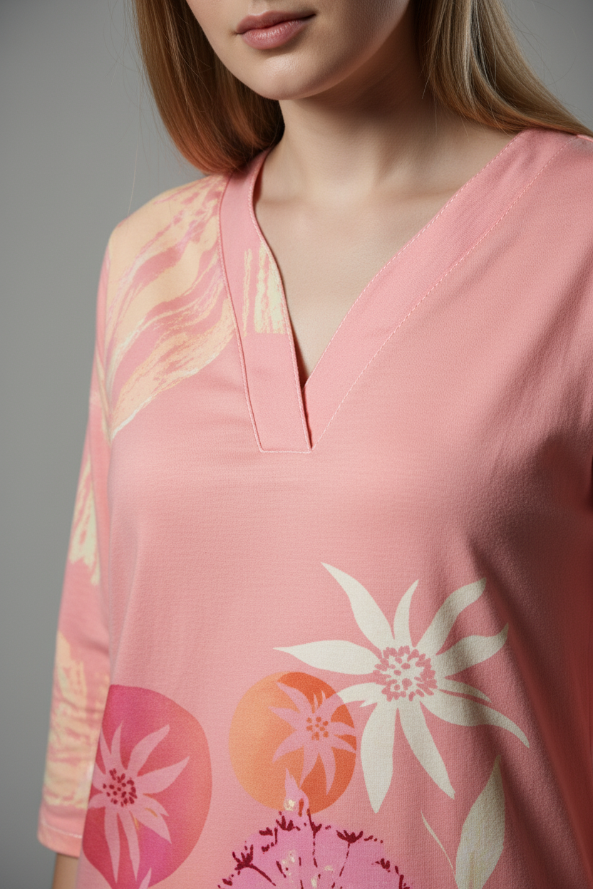 Peach With Multi-Coloured Floral Print Accents. Rayon Co-ord Set For Women