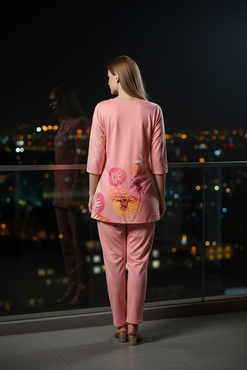 Peach With Multi-Coloured Floral Print Accents. Rayon Co-ord Set For Women