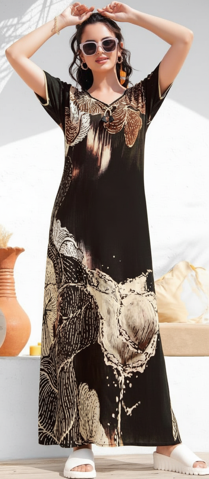 Black With Abstract Floral Print In Shades Of Brown, Beige, And Off-White. Rayon Print Nighty For Women