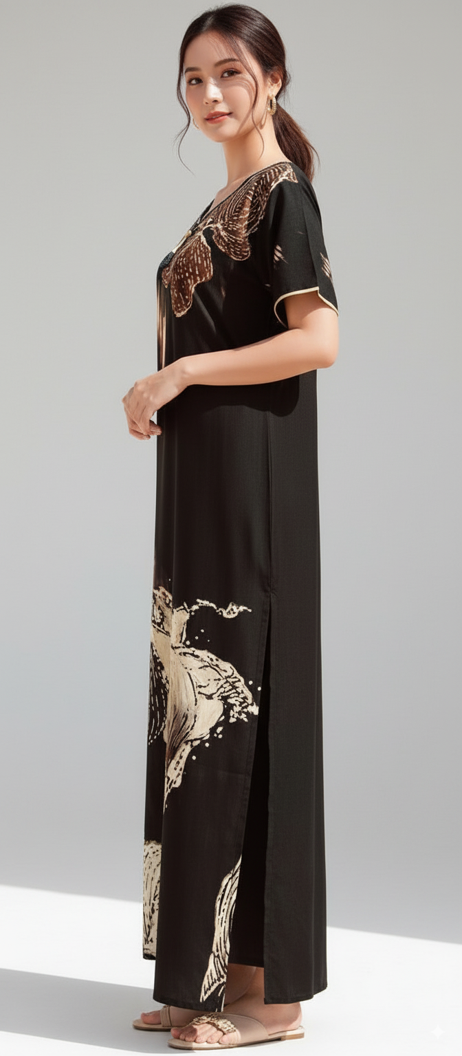 Black With Abstract Floral Print In Shades Of Brown, Beige, And Off-White. Rayon Print Nighty For Women