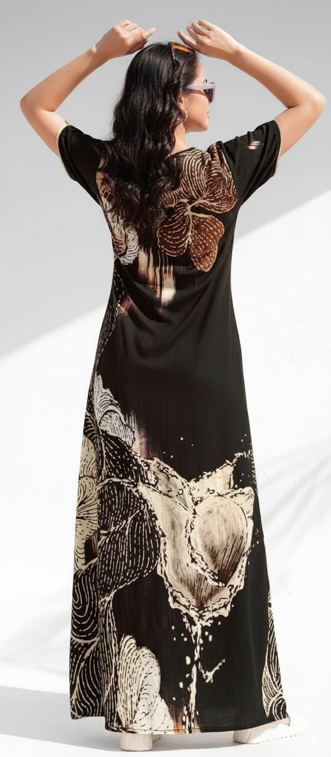 Black With Abstract Floral Print In Shades Of Brown, Beige, And Off-White. Rayon Print Nighty For Women