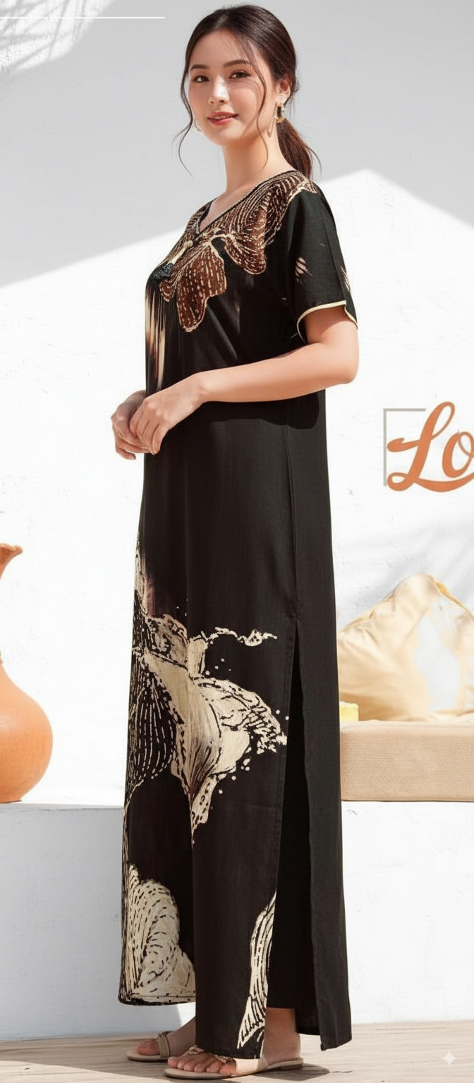 Black With Abstract Floral Print In Shades Of Brown, Beige, And Off-White. Rayon Print Nighty For Women