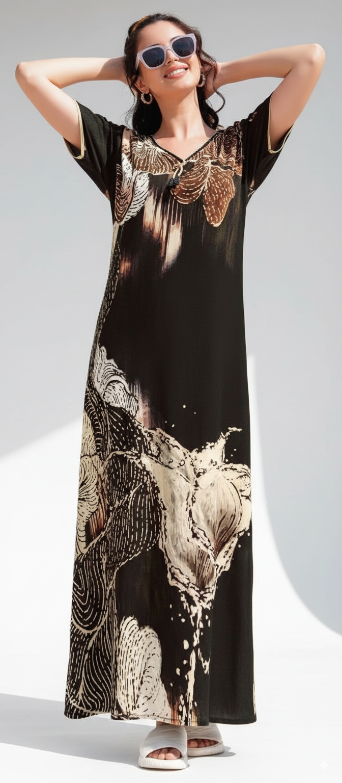 Black With Abstract Floral Print In Shades Of Brown, Beige, And Off-White. Rayon Print Nighty For Women
