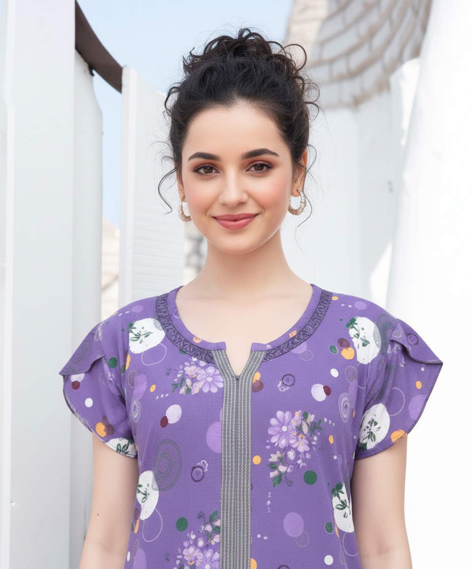 Lavender With Multicolor Floral Print Hosiery Print Nighty For Women