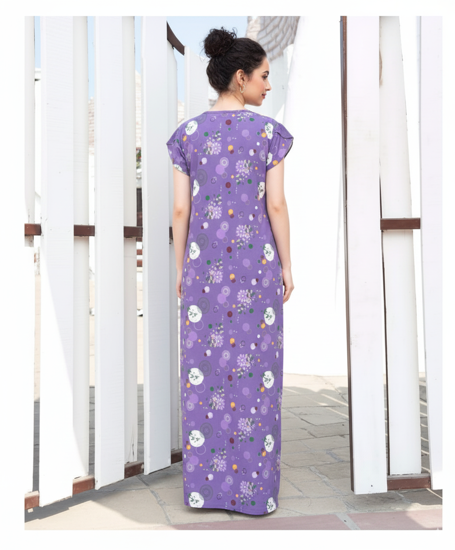 Lavender With Multicolor Floral Print Hosiery Print Nighty For Women