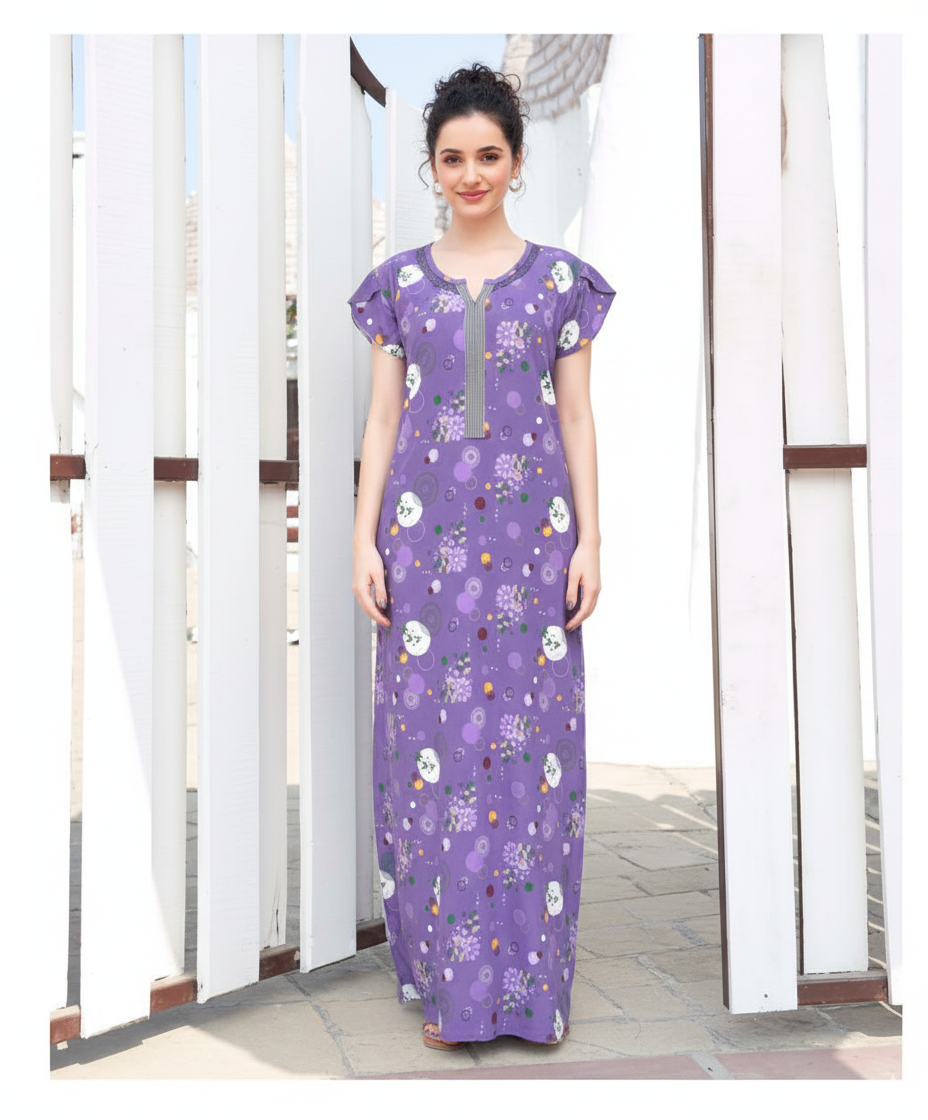 Lavender With Multicolor Floral Print Hosiery Print Nighty For Women