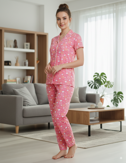 Charming Pink With Multicolor Emoji Print Hosiery Night Suit For Women