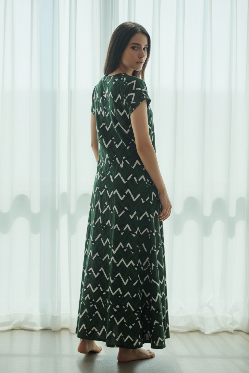 Forest Green Hosiery Print Nighty For Women