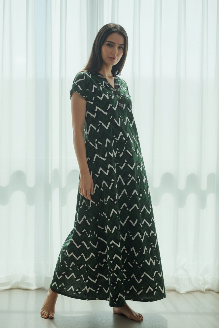 Forest Green Hosiery Print Nighty For Women