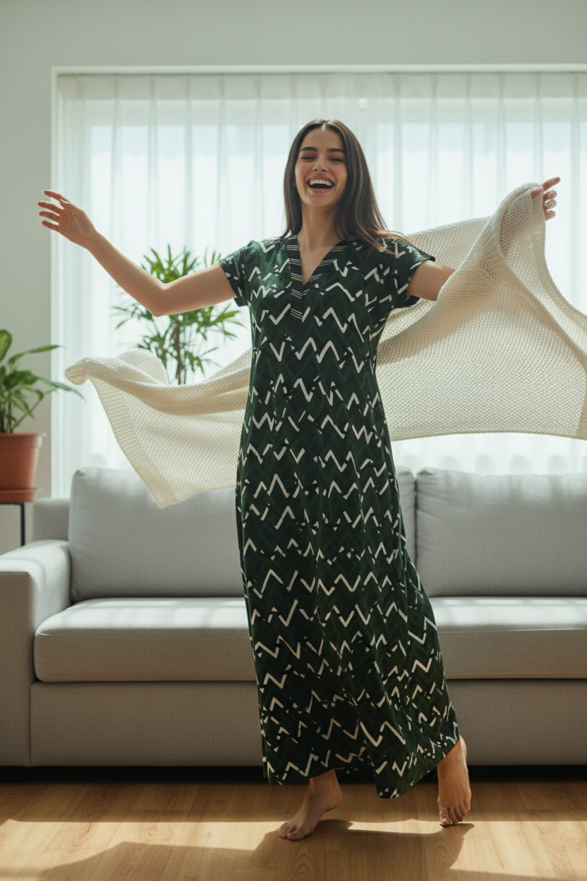 Forest Green Hosiery Print Nighty For Women