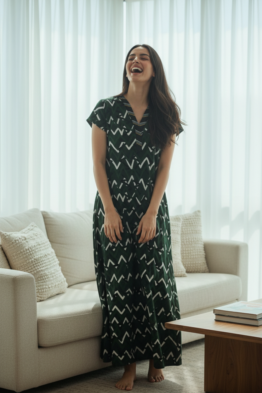 Forest Green Hosiery Print Nighty For Women