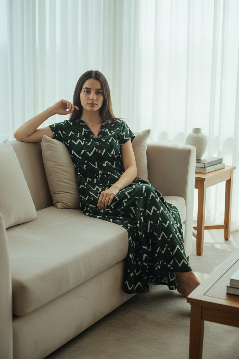 Forest Green Hosiery Print Nighty For Women