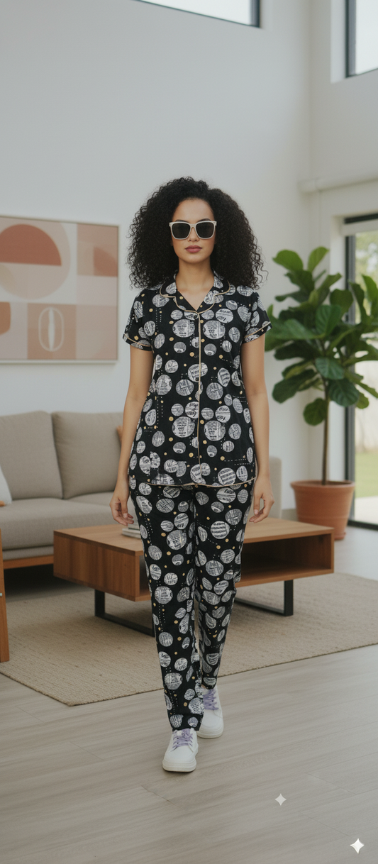 Black And White Print Hosiery Night Suit For Women