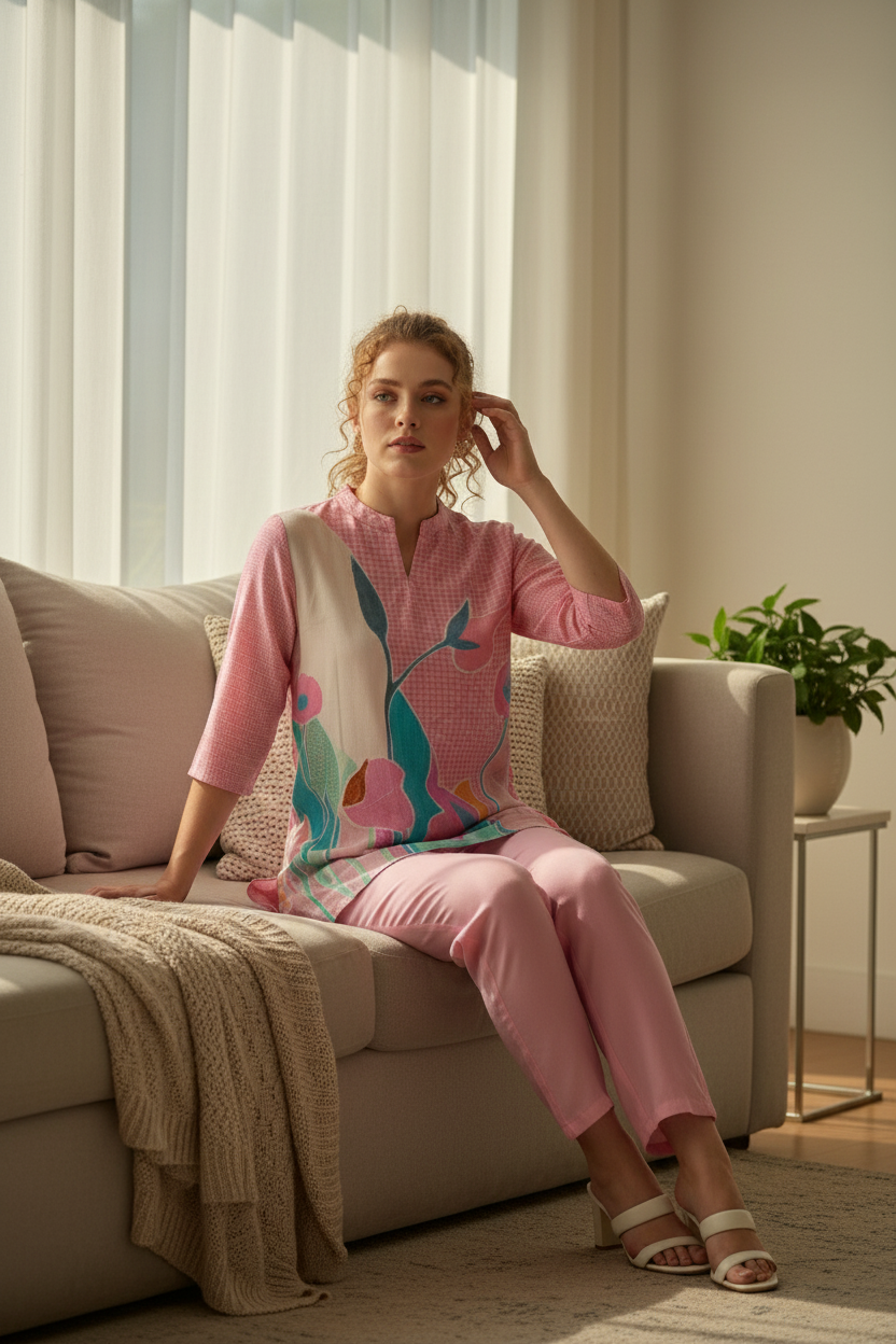 Pink With Multicolor Floral Print Rayon Co-ord Set For Women