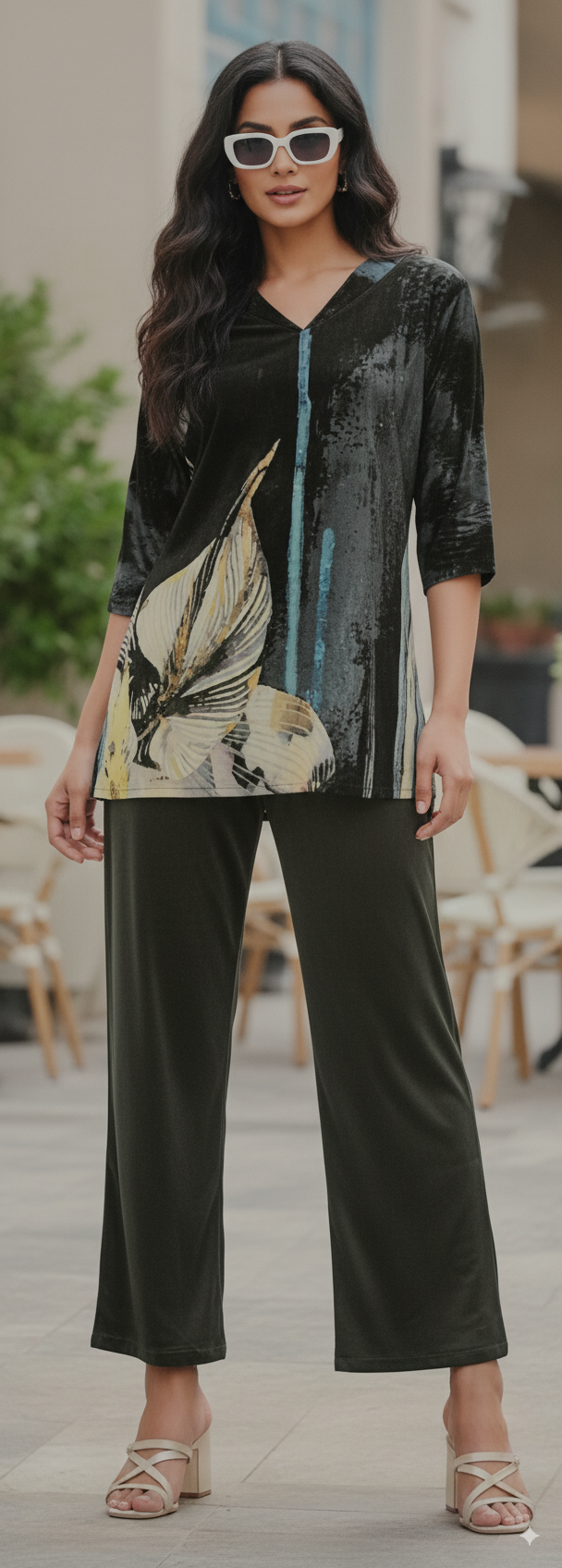 Deep Olive With A Print Featuring Cream, Muted Yellow, And Blue Accents. Rayon Co-ord Set For Women