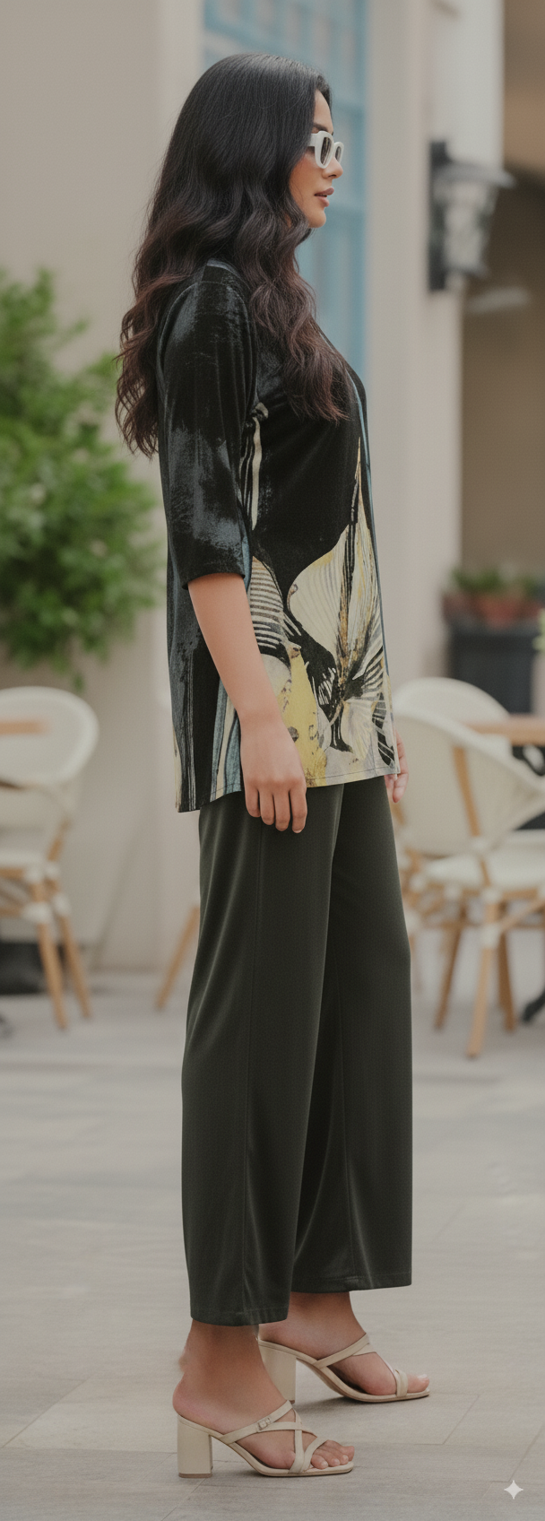 Deep Olive With A Print Featuring Cream, Muted Yellow, And Blue Accents. Rayon Co-ord Set For Women