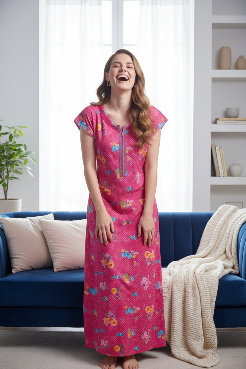 Pink With Multicolored Floral Prints. Hosiery Print Nighty For Women