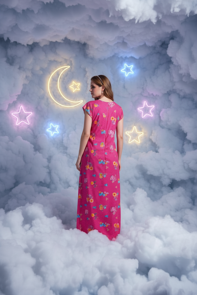 Pink With Multicolored Floral Prints. Hosiery Print Nighty For Women