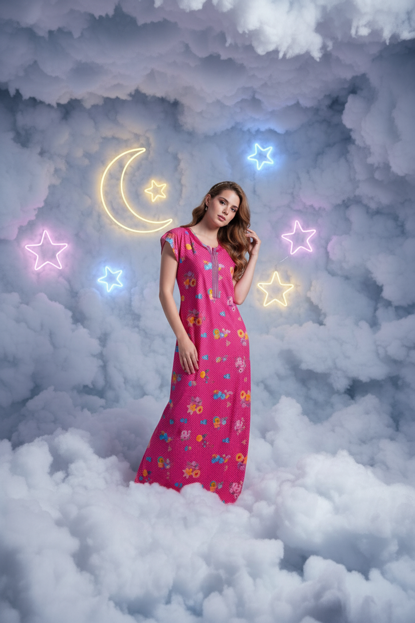 Pink With Multicolored Floral Prints. Hosiery Print Nighty For Women