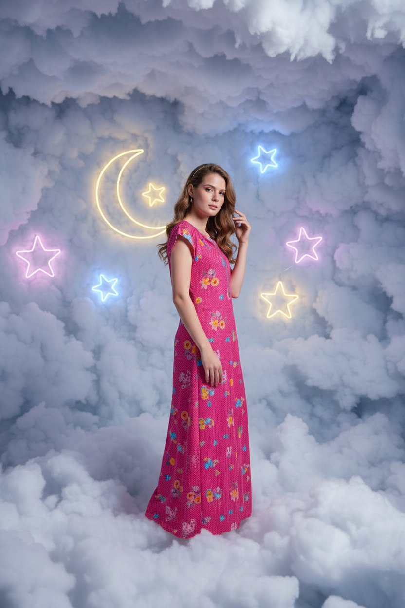 Pink With Multicolored Floral Prints. Hosiery Print Nighty For Women